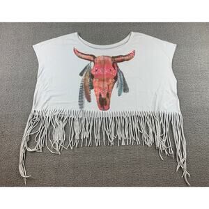 Forever 21 Women M White Western Bull Skull Graphic Fringe Cropped T-Shirt